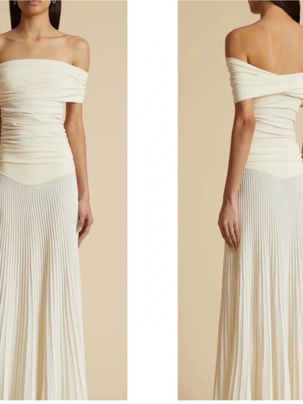 NWT KHAITE Marca Plissé Jersey Off Shoulder Maxi Dress Ivory